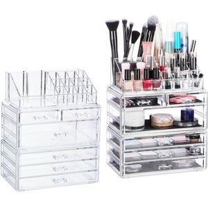 Set of 2 Relaxdays Organiser with 6 Drawers, 22 Compartments for Makeup Storage, Acrylic Cosmetic Tower, Clear