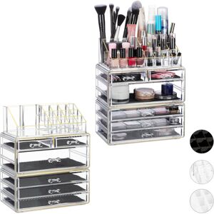 Set of 2 Relaxdays Organiser with 6 Drawers, 22 Compartments for Makeup Storage, Acrylic Cosmetic Tower, Gold