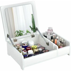 COSTWAY Desktop Makeup Organizer Modern Simple Cosmetic Storage Box w/ Flip-Top Mirror