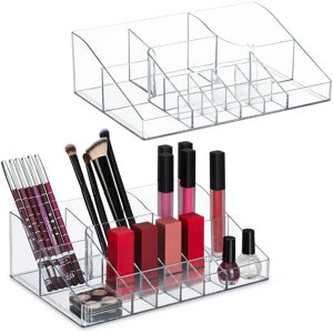 2x Cosmetics Organiser, 14 Storage Compartments, 8 x 25.5 x 17.5 cm, Make-Up, Brushes, Plastic, Transparent - Relaxdays