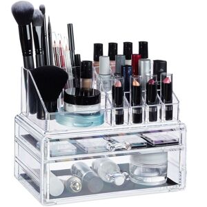 Cosmetic Organiser with 2 Drawers, Makeup Kit for Lipstick, Nail Polish, Acrylic Jewellery Stand, Transparent - Relaxdays