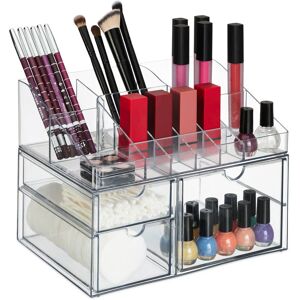 Cosmetics Organiser, 14 Compartments, 3 Drawers, 18 x 25.5 x 17.5 cm, Make-Up, Brushes, Plastic, Transparent - Relaxdays