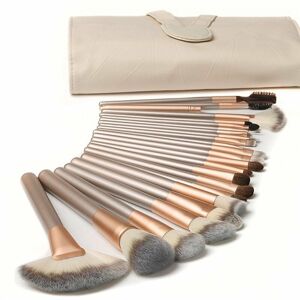 Set of 18 professional make-up brushes with synthetic wooden handle delivered with their cream-coloured storage bag Groofoo