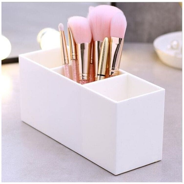 Alwaysh - Makeup Brush Holder, 3 Compartment Cosmetic Makeup Organizer, Makeup Brush Organizer, Storage Box for Eyeliner Lipstick Brushes (White)