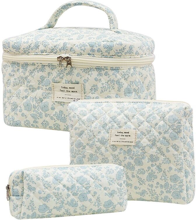 AlwaysH Set of 3 Women's Quilted Toiletry Bag in Soft Cotton, Floral Makeup Bag, Makeup Storage Pouch, Beauty Bag, Travel Cosmetic Bag