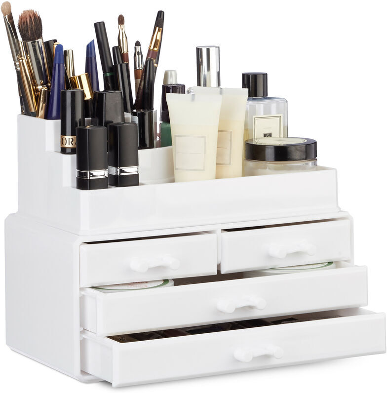 Makeup Organizer with 4 Drawers, Cosmetics Holder for Nail Polish and Lipstick, Acrylic Makeup Kit, White - Relaxdays