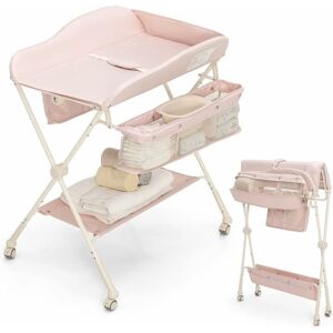 Costway - Folding Baby Changing Table, 80 cm x 70 cm x 99 -104 cm,Adjustable Infant Care Station with Water Basin, Storage Basket & Safety Belt, 4