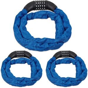 Set of 3 Combination Locks For Bikes, 5 Digit Code & Chain, Bicycle Security, Steel, Blue - Relaxdays