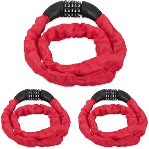 Set of 3 Combination Locks For Bikes, 5 Digit Code & Chain, Bicycle Security, Steel, Red - Relaxdays