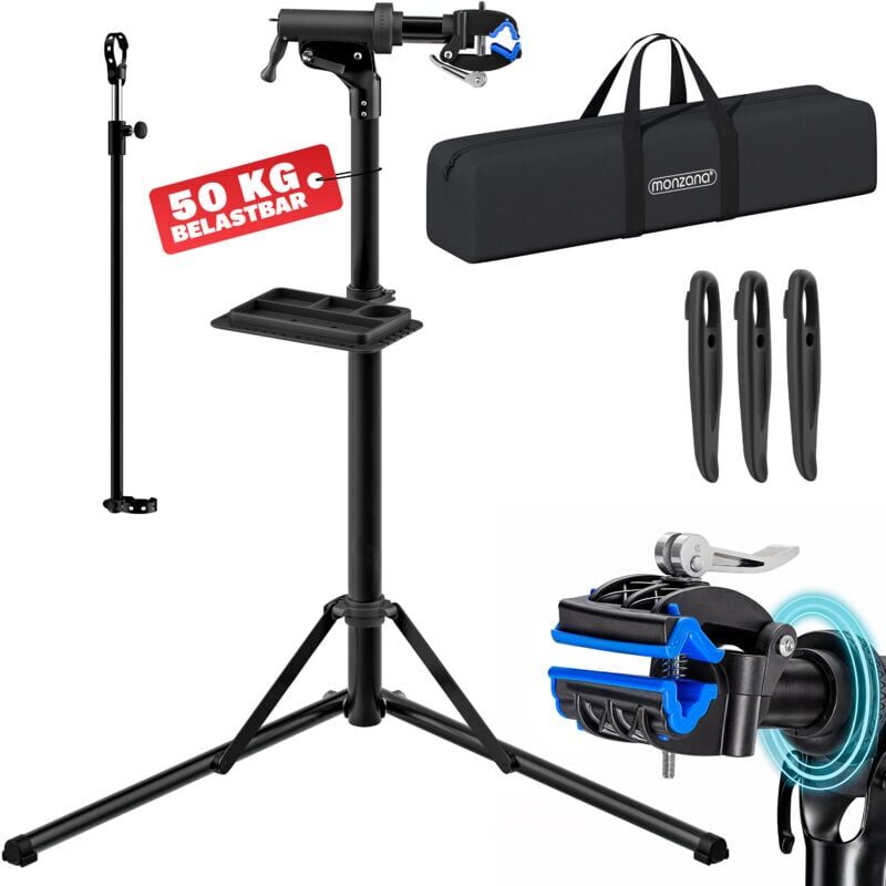 Bicycle Assembly Stand Foldable 50kg 110lbs Quick Release Handlebar 30-70mm Tool Tray e-Bike Repair Stand With Carrying Bag - Monzana