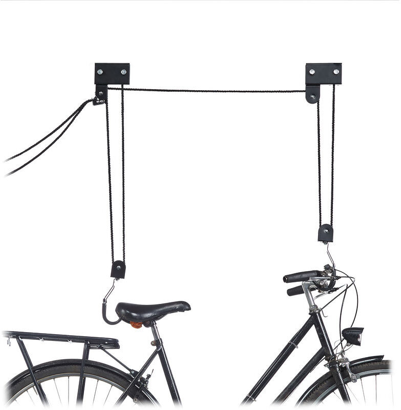 Relaxdays - Bicycle Ceiling Mount, 57 kg Capacity, Hooks, Universal, Rope Brake, Pulley Hoist, Kayak, Bike Lift, Black