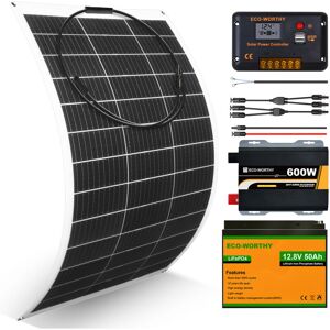 Eco-worthy - 130W 12V Flexible Solar Panel Complete Kit: 130 Watt Solar Panel+ 50Ah Lithium Battery+ 30A lcd Display pwm Charge Controller for rv