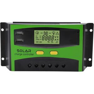TINOR 12V/24V PWM Solar Controller, Intelligent Solar Panel Battery Regulator with Dual USB Port with LCD Display for Home Garden(30A)