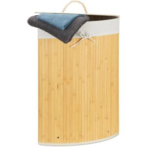 Corner Laundry Basket Bamboo, Foldable Bin 60 l, Space-saving, Cotton Bag, HxWxD: 65 x 49.5 x 37 cm, Creme - Relaxdays