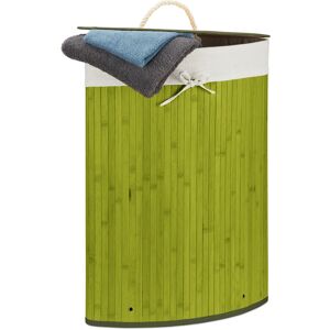 Corner Laundry Basket Bamboo, Foldable Bin 60 l, Space-saving, Cotton Bag, HxWxD: 65 x 49.5 x 37 cm, Green - Relaxdays
