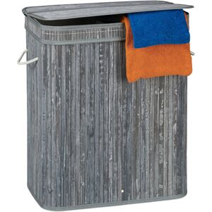 Bamboo Laundry Baskets, Rectangular Hamper, 2 Compartments, Handles & Lid, Foldable, 95l, 63x55x35 cm, Grey - Relaxdays