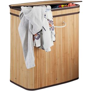 Bamboo Laundry Baskets, Rectangular Hamper, 2 Compartments, Handles & Lid, Foldable, 95l, 63x55x35 cm, Natural - Relaxdays