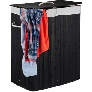 Bamboo Laundry Baskets, Clothes Container, 2 Compartments, 95 l, Rectangular Hamper, 63x55x105 cm, Black - Relaxdays