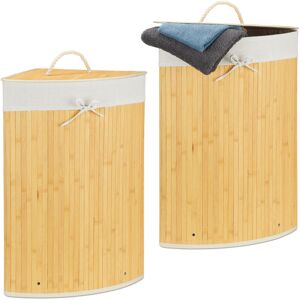 2x Corner Laundry Baskets Bamboo, Foldable Bin 60 l, Space-saving, Cotton Bag, HxWxD: 65 x 49.5 x 37 cm, Creme - Relaxdays