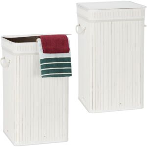 2x Bamboo Pop-Up Laundry Hamper, with Handles, Portable, 70L Load, Square Laundry Bag, HxØ: 63 x 36cm, White - Relaxdays