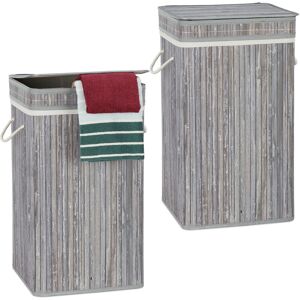 2x Bamboo Pop-Up Laundry Hamper, with Handles, Portable, 70L Load, Square Laundry Bag, HxØ: 63 x 36cm, Grey - Relaxdays