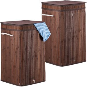 2x Bamboo Pop-Up Laundry Hamper, with Handles, Portable, 70L Load, Square Laundry Bag, HxØ: 63 x 36cm, Brown - Relaxdays