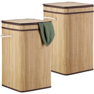 2x Bamboo Pop-Up Laundry Hamper, with Handles, Portable, 70L Load, Square Laundry Bag, HxØ: 63 x 36cm, Natural - Relaxdays