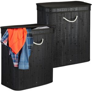 2x Bamboo Laundry Baskets, Clothes Container, 2 Compartments, Folding, Rectangular Bin, 63 x 55 x 35cm, Black - Relaxdays