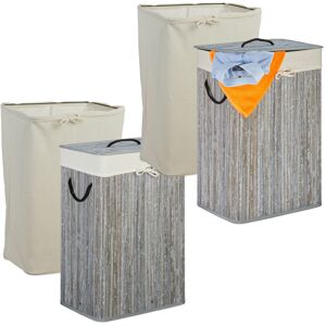 RELAXDAYS 2 x Bamboo Laundry Basket, Foldable Bin with Lid, 80 l, Rectangular, 6 Bags, HxWxD: 66x44x34 cm, Grey