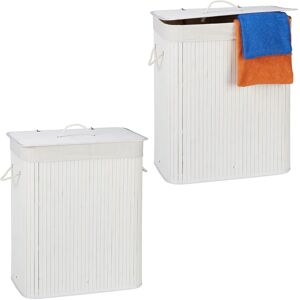 2x Bamboo Laundry Baskets, Clothes Container, 2 Compartments, 95 l, Rectangular Hamper, 63x55x105 cm, White - Relaxdays