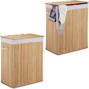 2x Bamboo Laundry Baskets, Clothes Container, 2 Compartments, Folding, 95 l, Rectangular Hamper, 63x55x105 cm - Relaxdays