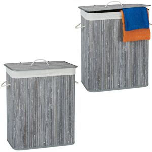 2x Bamboo Laundry Baskets, Clothes Container, 2 Compartments, 95 l, Rectangular Hamper, 63x55x105 cm, Grey - Relaxdays