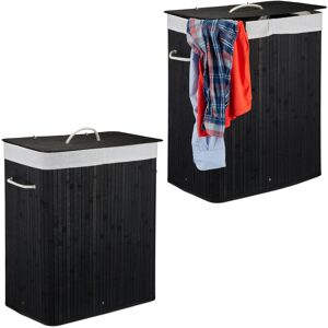 Relaxdays 2x Bamboo Laundry Baskets, Clothes Container, 2 Compartments, 95 l, Rectangular Hamper, 63x55x105 cm, Black