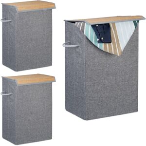 3x Laundry Baskets, Hook and Loop Lid, Fabric, 2 Handles, Portable, 60 l Volume, Square Bin, 60x40x30 cm, Grey - Relaxdays