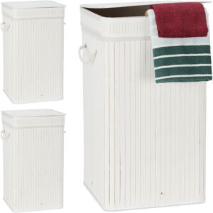 3x Bamboo Pop-Up Laundry Hamper, with Handles, Portable, 70L Load, Square Laundry Bag, HxØ: 63 x 36cm, White - Relaxdays