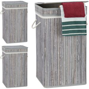 3x Bamboo Pop-Up Laundry Hamper, with Handles, Portable, 70L Load, Square Laundry Bag, HxØ: 63 x 36cm, Grey - Relaxdays