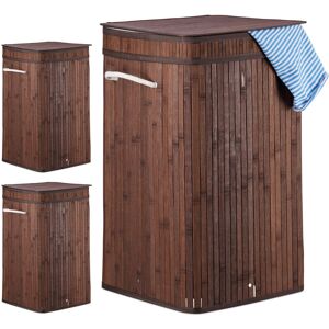 3x Bamboo Pop-Up Laundry Hamper, with Handles, Portable, 70L Load, Square Laundry Bag, HxØ: 63 x 36cm, Brown - Relaxdays