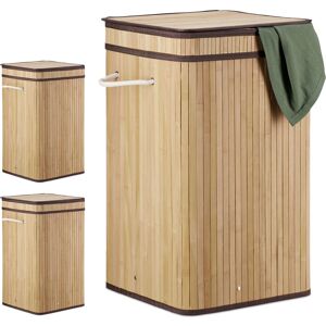 Relaxdays 3x Bamboo Pop-Up Laundry Hamper, with Handles, Portable, 70L Load, Square Laundry Bag, HxØ: 63 x 36cm, Natural