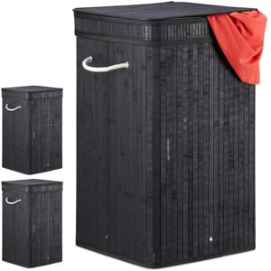 3x Bamboo Pop-Up Laundry Hamper, with Handles, Portable, 70L Load, Square Laundry Bag, HxØ: 63 x 36cm, Black - Relaxdays