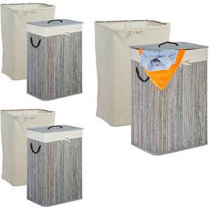 RELAXDAYS 3 x Bamboo Laundry Basket, Foldable Bin with Lid, 80 l, Rectangular, 6 Bags, HxWxD: 66x44x34 cm, Grey