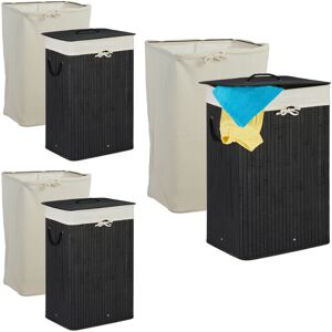 RELAXDAYS 3 x Bamboo Laundry Basket, Foldable Laundry Bin with Lid, 80 L, Rectangular, 6 Bags, HxWxD: 66 x 44 x 34 cm, Black