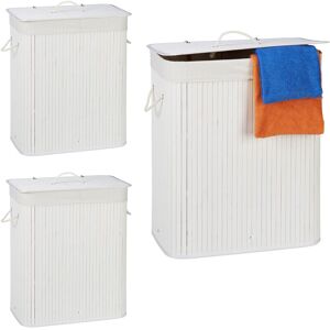 Relaxdays 3x Bamboo Laundry Baskets, Clothes Container, 2 Compartments, 95 l, Rectangular Hamper, 63x55x105 cm, White