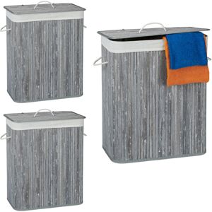 3x Bamboo Laundry Baskets, Clothes Container, 2 Compartments, 95 l, Rectangular Hamper, 63x55x105 cm, Grey - Relaxdays