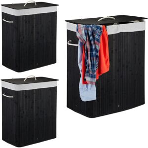 3x Bamboo Laundry Baskets, Clothes Container, 2 Compartments, 95 l, Rectangular Hamper, 63x55x105 cm, Black - Relaxdays