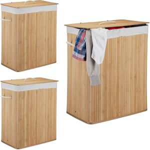 3x Bamboo Laundry Baskets, Clothes Container, 2 Compartments, Folding, 95 l, Rectangular Hamper, 63x55x105 cm - Relaxdays