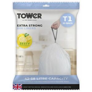 T878000 Kitchen Bin Bag 42-58L Lemon Scented Heavy Duty Drawstring Waste Bin Liners, 20 Pack, White, Compatible with most 42-58L bins - Tower