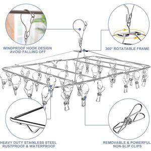 XUIGORT Clothes Drying Rack, 52 Clips Stainless Steel Laundry Drying Rack Folding Sock Hanger, Underwear Hanger, Clothes Hangers for Drying Towels,