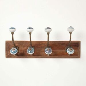 Homescapes - Decorative Blue and White Wall Mounted Coat Hook Rack - White & Natural