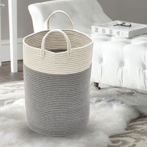 LIVINGANDHOME Large Cotton Rope Laundry Basket with Handle and Pompom