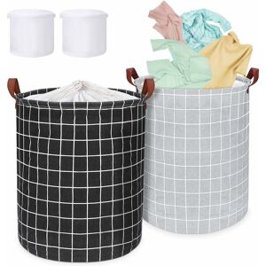 HÉLOISE Laundry Basket, 63L Laundry Basket Set of 2, Collapsible Laundry Basket with Handles, Waterproof Coated Laundry Basket with Dirty Laundry Bag, Cotton